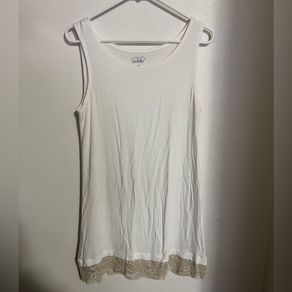 LOGO LAYERS Classic Sleeveless Layering Tank Top with‎ Lace White Tan Women's M